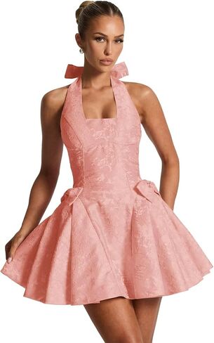 Satin Jacquard Halter Homecoming Dresses with Bow Puffy A Line Corset Summer Formal Evening Gown for Teens in Saudi Arabia