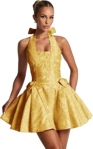 Satin Jacquard Halter Homecoming Dresses with Bow Puffy A Line Corset Summer Formal Evening Gown for Teens in Saudi Arabia