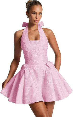 Satin Jacquard Halter Homecoming Dresses with Bow Puffy A Line Corset Summer Formal Evening Gown for Teens in Saudi Arabia