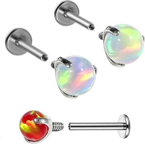 Opal Stud Earrings, 18g Flatback Studs for Women/Men, Dainty Titanium Earrings, Hypoallergenic Nose Rings Screwback Studs, Genuine Opal Earrings for Cartilage, Small Cute Helix Piercing Jewelry, Gift for Her 3pcs in Saudi Arabia