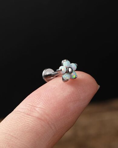 Jewseen G23 Titanium Cartilage Studs Internally Threaded Conch Piercing Jewelry 16G Helix Earrings CZ Flat Back Stud Flower Cartilage Earrings Opal Lip Rings Tragus Conch Nose Piercing in Saudi Arabia