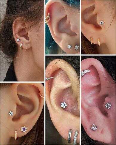 Jewseen G23 Titanium Cartilage Studs Internally Threaded Conch Piercing Jewelry 16G Helix Earrings CZ Flat Back Stud Flower Cartilage Earrings Opal Lip Rings Tragus Conch Nose Piercing in Saudi Arabia
