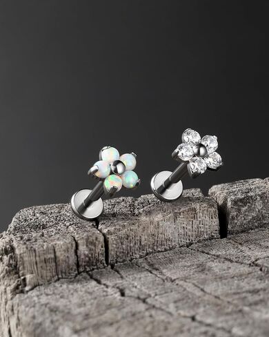 Jewseen G23 Titanium Cartilage Studs Internally Threaded Conch Piercing Jewelry 16G Helix Earrings CZ Flat Back Stud Flower Cartilage Earrings Opal Lip Rings Tragus Conch Nose Piercing in Saudi Arabia