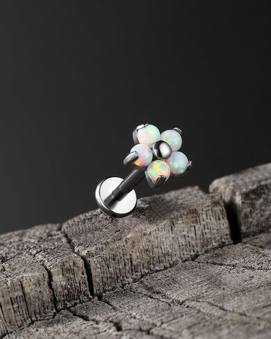 Jewseen G23 Titanium Cartilage Studs Internally Threaded Conch Piercing Jewelry 16G Helix Earrings CZ Flat Back Stud Flower Cartilage Earrings Opal Lip Rings Tragus Conch Nose Piercing in Saudi Arabia