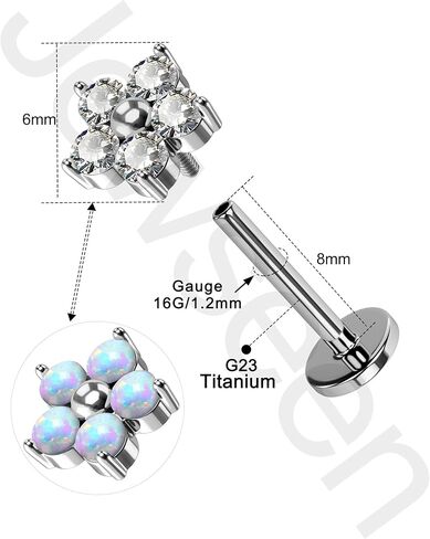 Jewseen G23 Titanium Cartilage Studs Internally Threaded Conch Piercing Jewelry 16G Helix Earrings CZ Flat Back Stud Flower Cartilage Earrings Opal Lip Rings Tragus Conch Nose Piercing in Saudi Arabia