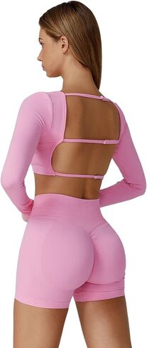 Workout Sets for Women 2 Piece Long Sleeve Backless Crop Top and High Waisted Shorts Gym Athletic Jogger Sets in Saudi Arabia