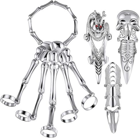 Hicarer 4 Pieces Punk Wristband Skull Fingers Hand Bracelet Skull Skeleton Joint Bracelet Knuckle Full Joint Finger Armour Knuckle Full Ring(Silver) in Saudi Arabia