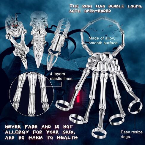 Hicarer 4 Pieces Punk Wristband Skull Fingers Hand Bracelet Skull Skeleton Joint Bracelet Knuckle Full Joint Finger Armour Knuckle Full Ring(Silver) in Saudi Arabia