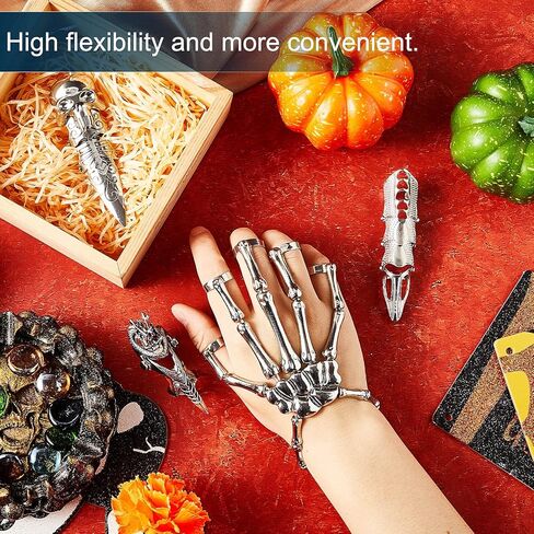 Hicarer 4 Pieces Punk Wristband Skull Fingers Hand Bracelet Skull Skeleton Joint Bracelet Knuckle Full Joint Finger Armour Knuckle Full Ring(Silver) in Saudi Arabia