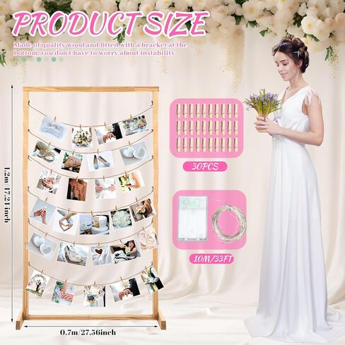 47 Inch Wedding Photo Display Frame Board with String Lights and 30 Clips Standing Picture Collage Board Photo Frame Display Holder for Wedding Bridal Shower Anniversary Party Decor in Saudi Arabia