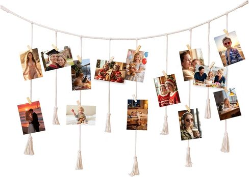 Macrame Hanging Photo Display with Clips, Boho Wall Picture Banner Decor, Boho Picture Card Frame Holder, Photo Hanger with 20 Clips for Living Room Bedroom Dorm, Teen Girls Christmas Gifts in Saudi Arabia