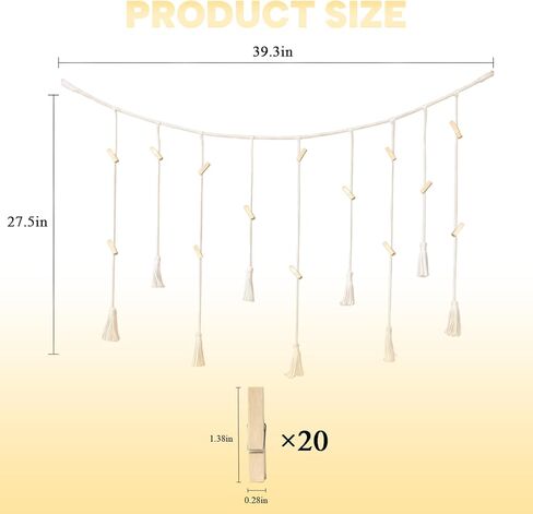 Macrame Hanging Photo Display with Clips, Boho Wall Picture Banner Decor, Boho Picture Card Frame Holder, Photo Hanger with 20 Clips for Living Room Bedroom Dorm, Teen Girls Christmas Gifts in Saudi Arabia