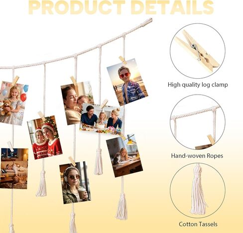 Macrame Hanging Photo Display with Clips, Boho Wall Picture Banner Decor, Boho Picture Card Frame Holder, Photo Hanger with 20 Clips for Living Room Bedroom Dorm, Teen Girls Christmas Gifts in Saudi Arabia
