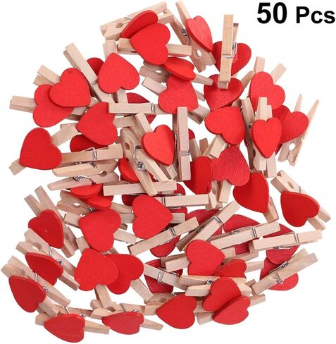 Kisangel 50pcs Red Heart Wooden Mini Clothespins for Hanging Photos, Cards, and Home Decoration, 1.18 X 0.70 X 0.15 Inch in Saudi Arabia