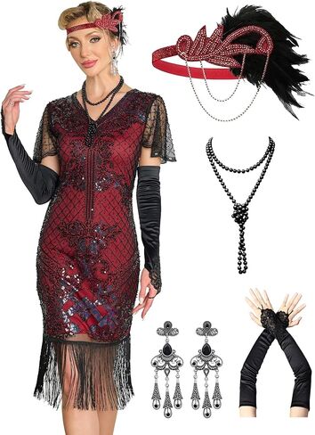 Flapper Dresses 1920s Dresses for Women,Crew Neck Great Gatsby Dresses with Sleeve Roaring 20s Dress for Harlem Nights in Saudi Arabia