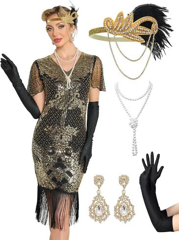 Flapper Dresses 1920s Dresses for Women,Crew Neck Great Gatsby Dresses with Sleeve Roaring 20s Dress for Harlem Nights in Saudi Arabia