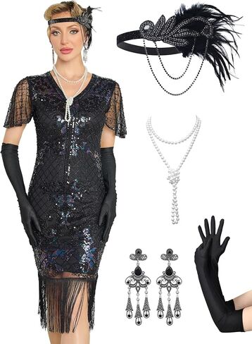 Flapper Dresses 1920s Dresses for Women,Crew Neck Great Gatsby Dresses with Sleeve Roaring 20s Dress for Harlem Nights in Saudi Arabia