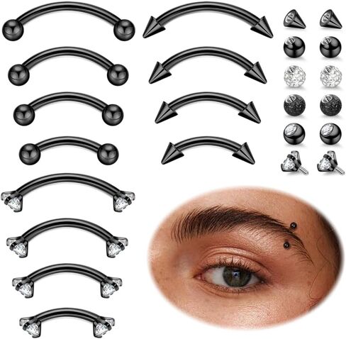 12Pcs 16G 18G Surgical Steel Eyebrow Piercing Jewelry for Women Men Small Curved Barbell Rings Vertical Labret Lip Jewelry Ear Rook Helix Daith Ring 6-12MM with 12Pcs Replacement Balls in Saudi Arabia
