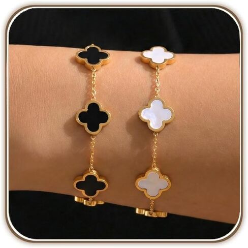18k Gold Plated Classic Black and White Clover Bracelets, Set of 2, Classic Dainty Four-Leaf Clover Lucky Charm Bracelets, Trendy Jewelry Gifts in Saudi Arabia