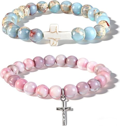 2PCS Inspirational Quotes Cross Bracelets for Women, Natural Stone Beaded Stretch Religious Bracelets for Women Bracelets with Psalm 46:5 Card, Inspirational Faith Accessories Set in Gift Box in Saudi Arabia