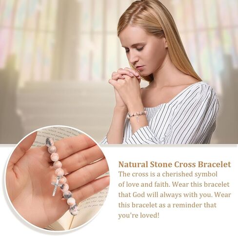 2PCS Inspirational Quotes Cross Bracelets for Women, Natural Stone Beaded Stretch Religious Bracelets for Women Bracelets with Psalm 46:5 Card, Inspirational Faith Accessories Set in Gift Box in Saudi Arabia