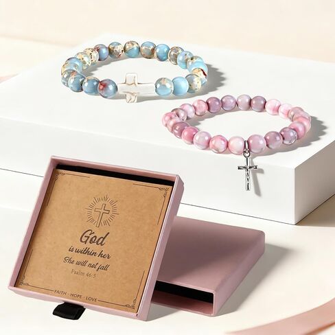 2PCS Inspirational Quotes Cross Bracelets for Women, Natural Stone Beaded Stretch Religious Bracelets for Women Bracelets with Psalm 46:5 Card, Inspirational Faith Accessories Set in Gift Box in Saudi Arabia