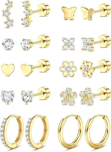 LOLIAS Flat Back Earrings for Women Girls Hypoallergenic Surgical Stainless Steel Earrings for Sensitive Ears 14K Gold Plated Heart Flower Stud Earring Set Small Huggie Hoop Cartilage Earring Stacks in Saudi Arabia