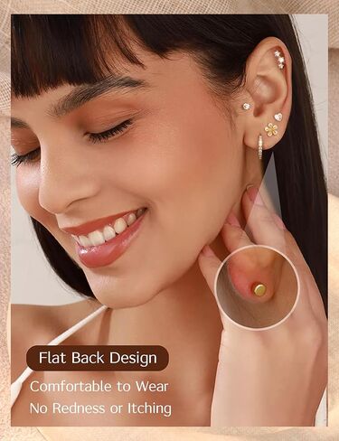 LOLIAS Flat Back Earrings for Women Girls Hypoallergenic Surgical Stainless Steel Earrings for Sensitive Ears 14K Gold Plated Heart Flower Stud Earring Set Small Huggie Hoop Cartilage Earring Stacks in Saudi Arabia