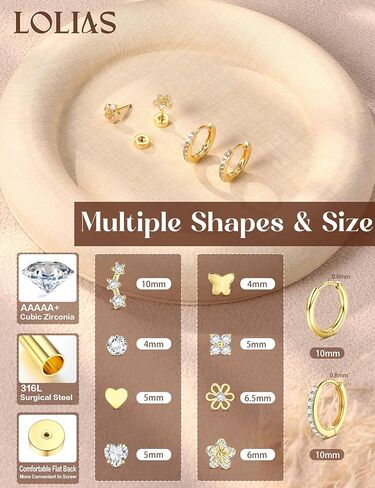 LOLIAS Flat Back Earrings for Women Girls Hypoallergenic Surgical Stainless Steel Earrings for Sensitive Ears 14K Gold Plated Heart Flower Stud Earring Set Small Huggie Hoop Cartilage Earring Stacks in Saudi Arabia
