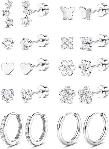 LOLIAS Flat Back Earrings for Women Girls Hypoallergenic Surgical Stainless Steel Earrings for Sensitive Ears 14K Gold Plated Heart Flower Stud Earring Set Small Huggie Hoop Cartilage Earring Stacks in Saudi Arabia
