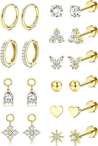 Jstyle Small Gold Stud Hoop Earrings for Women 14K Gold Hypoallergenic Surgical Steel Earrings for Sensitive Ears Silver Flat Back Cartilage Earring Stacks with Charms for Multiple Piercing Jewelry in Saudi Arabia