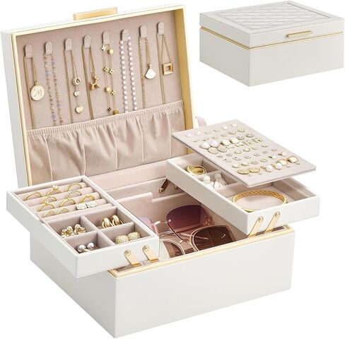 Lolalet Jewelry Box Organizer for Women Girls, 2 Layer Jewelry Organizers and Storage for Necklace Earrings Rings Bracelets, Large Jewellery Holder Case Birthday Christmas Gifts -Cream in Saudi Arabia