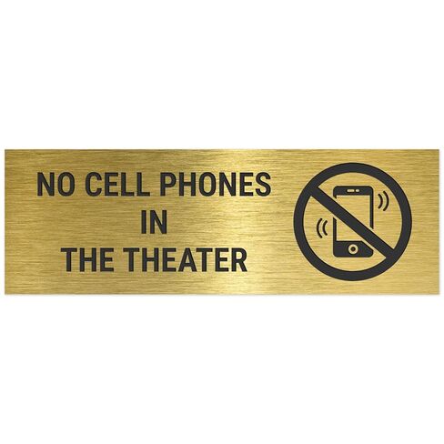 No Cell Phones in The Theater with Graphic Sign, Engraved, 2x6 Inches, Indoor/Outdoor Use, Made in USA by Sigo Signs in Saudi Arabia