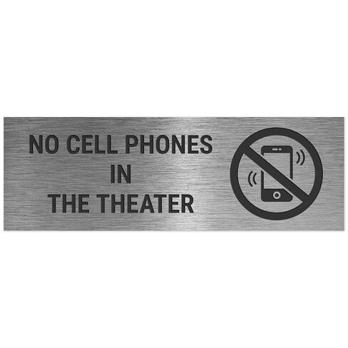 No Cell Phones in The Theater with Graphic Sign, Engraved, 2x6 Inches, Indoor/Outdoor Use, Made in USA by Sigo Signs in Saudi Arabia