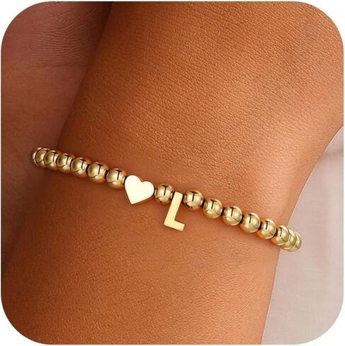 Gold Plated Heart Initial Beaded Bracelet – Romantic Valentine’s Day Gift for Her | Customizable Love Jewelry in Saudi Arabia