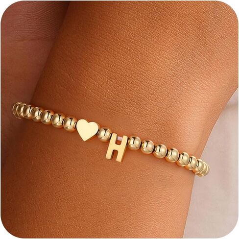 Gold Plated Heart Initial Beaded Bracelet – Romantic Valentine’s Day Gift for Her | Customizable Love Jewelry in Saudi Arabia