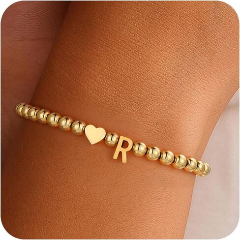 Gold Plated Heart Initial Beaded Bracelet – Romantic Valentine’s Day Gift for Her | Customizable Love Jewelry in Saudi Arabia
