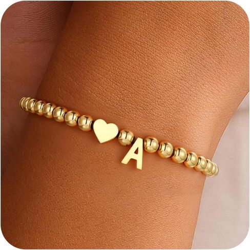 Gold Plated Heart Initial Beaded Bracelet – Romantic Valentine’s Day Gift for Her | Customizable Love Jewelry in Saudi Arabia