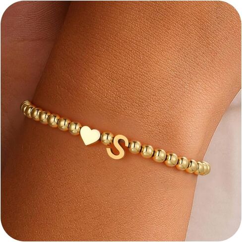 Gold Plated Heart Initial Beaded Bracelet – Romantic Valentine’s Day Gift for Her | Customizable Love Jewelry in Saudi Arabia