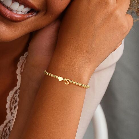 Gold Plated Heart Initial Beaded Bracelet – Romantic Valentine’s Day Gift for Her | Customizable Love Jewelry in Saudi Arabia