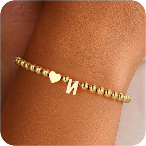 Gold Plated Heart Initial Beaded Bracelet – Romantic Valentine’s Day Gift for Her | Customizable Love Jewelry in Saudi Arabia