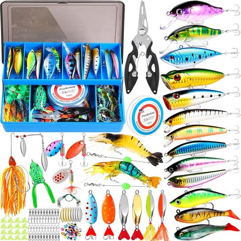 PLUSINNO Fishing Lures Fishing Tackle Box Fishing Bait Gifts for Men, Bass, Trout Fishing Accessories Kit for Saltwater & Freshwater Fishing Gear Including Topwater Lures, Hooks, Spinnerbaits in Kuwait