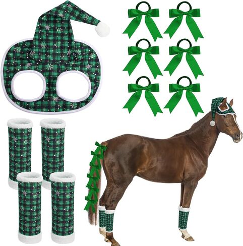 Geyoga 11 Pcs Christmas Horse Accessory Includes Santa Horse Hat with Fleece Trim 4 Pcs Horse Leg Wraps with 6 Pcs Ribbon Bow Horse Hair Ties for Horse Decoration for Holiday Christmas Horse Costume in Saudi Arabia