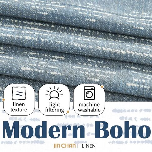jinchan boho ستائر المطبخ 24 بوصة البوهيمي هندسية مخططة الكتان محكم الطبقة ضوء تصفية مزرعة البلد ريفي الستائر للنوافذ الصغيرة الحمام 2 لوحات الأزرق in Saudi Arabia