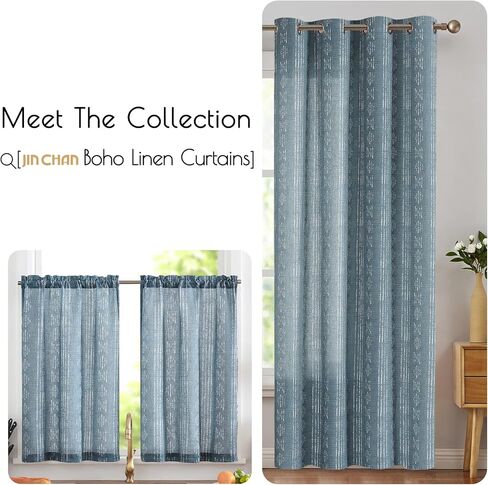 jinchan boho ستائر المطبخ 24 بوصة البوهيمي هندسية مخططة الكتان محكم الطبقة ضوء تصفية مزرعة البلد ريفي الستائر للنوافذ الصغيرة الحمام 2 لوحات الأزرق in Saudi Arabia