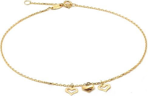 LoveBling 10K Yellow Gold .50mm Diamond Cut Rolo Chain with 3 Middle Heart pendants Anklet Adjustable 9" to 10" (#3) in Saudi Arabia
