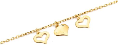 LoveBling 10K Yellow Gold .50mm Diamond Cut Rolo Chain with 3 Middle Heart pendants Anklet Adjustable 9" to 10" (#3) in Saudi Arabia