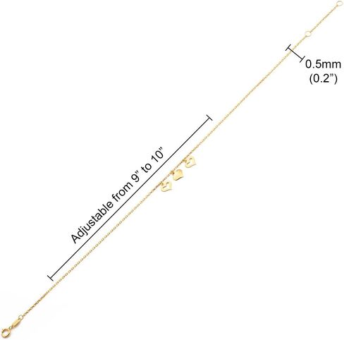 LoveBling 10K Yellow Gold .50mm Diamond Cut Rolo Chain with 3 Middle Heart pendants Anklet Adjustable 9" to 10" (#3) in Saudi Arabia