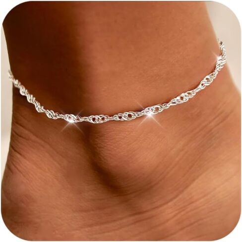 Gold Anklet Silver Ankle Bracelets for Women, 14k Gold Plated Anklets for Women Waterproof Adjustable Hypoallergenic Cute Dainty Simple Twist Chain Anklet Trendy Foot Jewelry Gift in Saudi Arabia