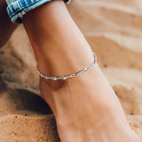Gold Anklet Silver Ankle Bracelets for Women, 14k Gold Plated Anklets for Women Waterproof Adjustable Hypoallergenic Cute Dainty Simple Twist Chain Anklet Trendy Foot Jewelry Gift in Saudi Arabia